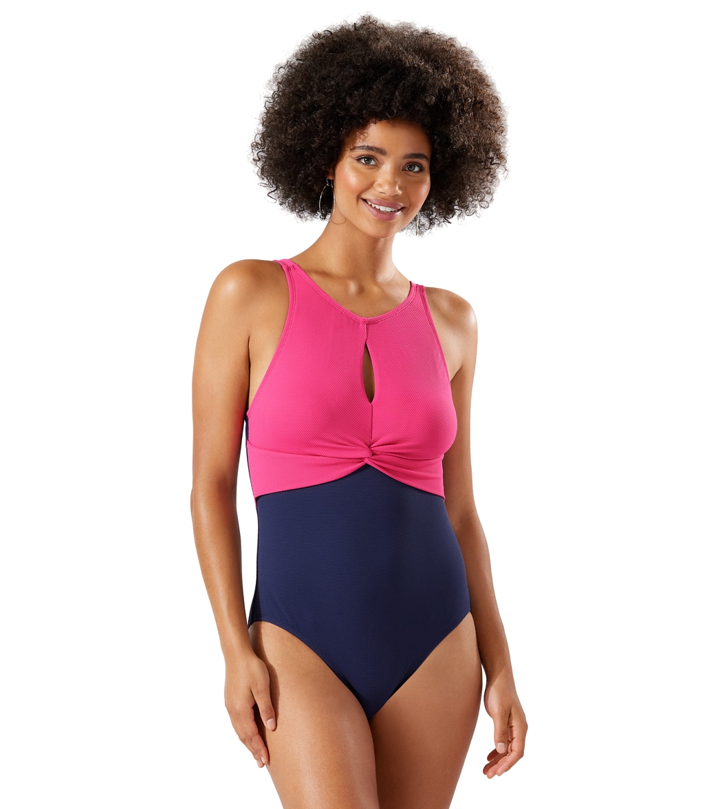 Tommy Bahama Women's Island Cays Solids High Neck One Piece Swimsuit - Pasison Pink 10 - Swimoutlet.com