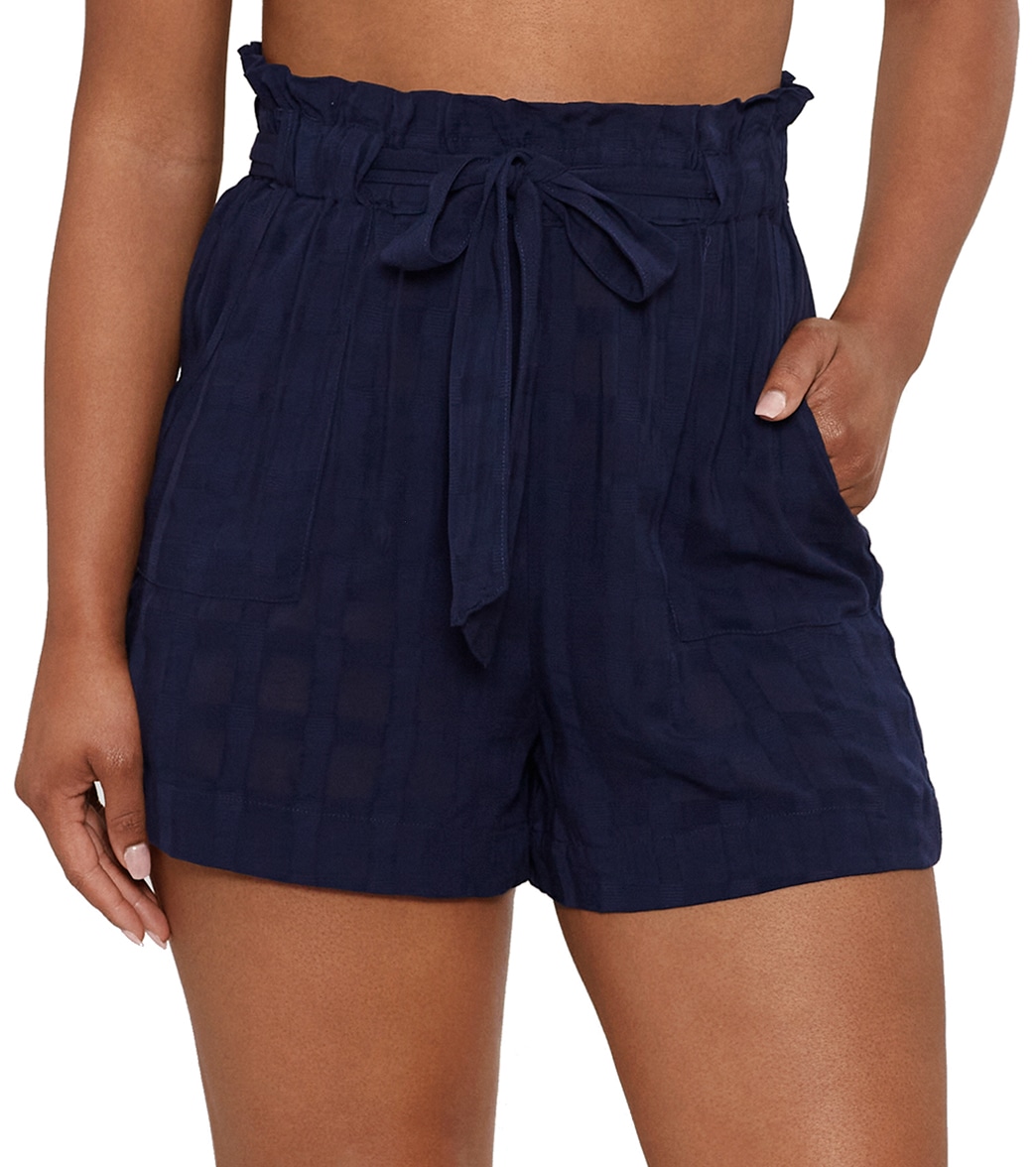 Ralph Lauren Polo Women's Woven Plaid Beachwear Tie Shorts - Dark Navy Large - Swimoutlet.com
