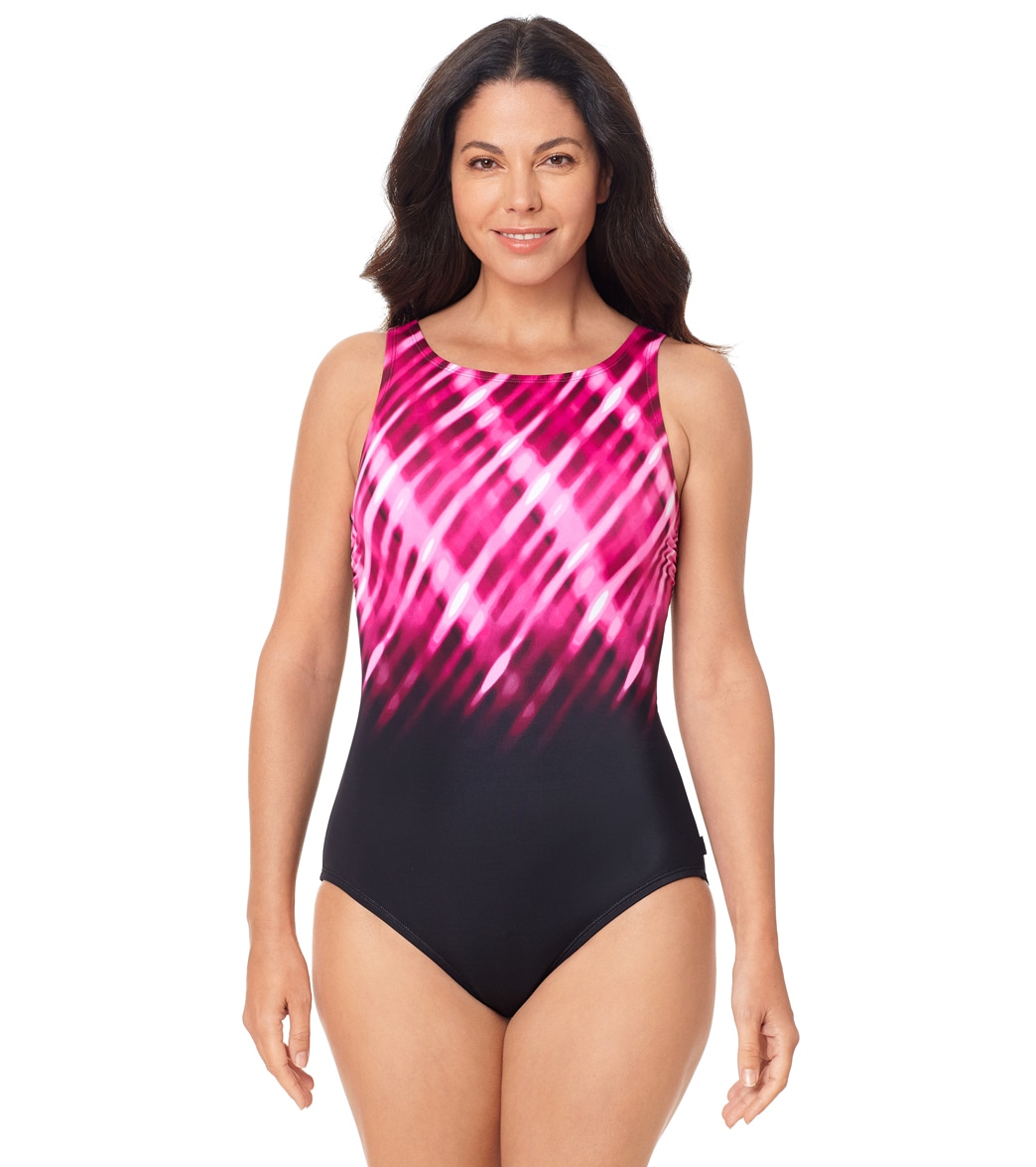 Reebok Women's Sea Plaid High Neck One Piece Swimsuit - Pink 8 - Swimoutlet.com