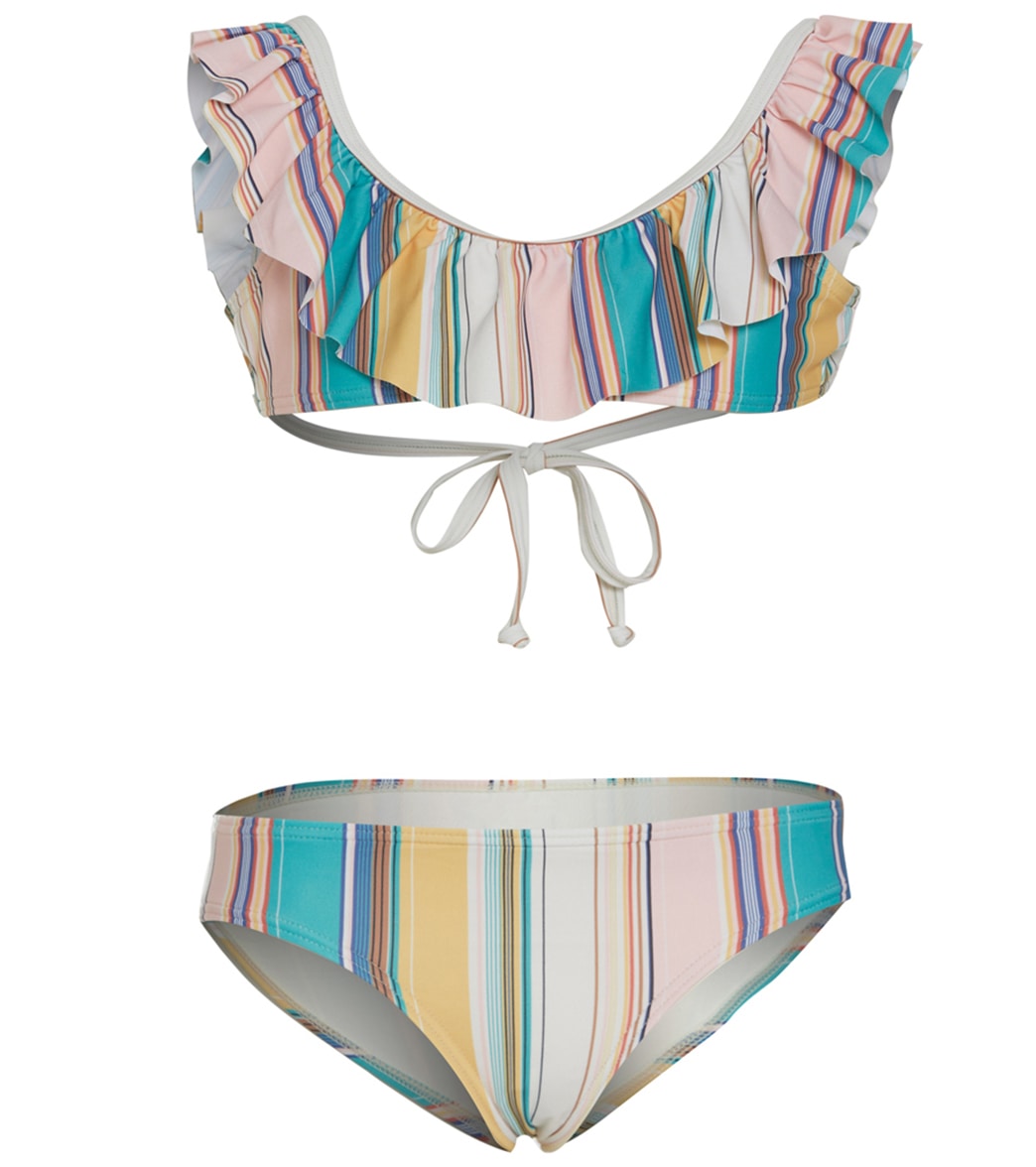 O'neill Girls' Baja Stripe Ruffle Tie Back Swim Set - Multi Colored 10 - Swimoutlet.com
