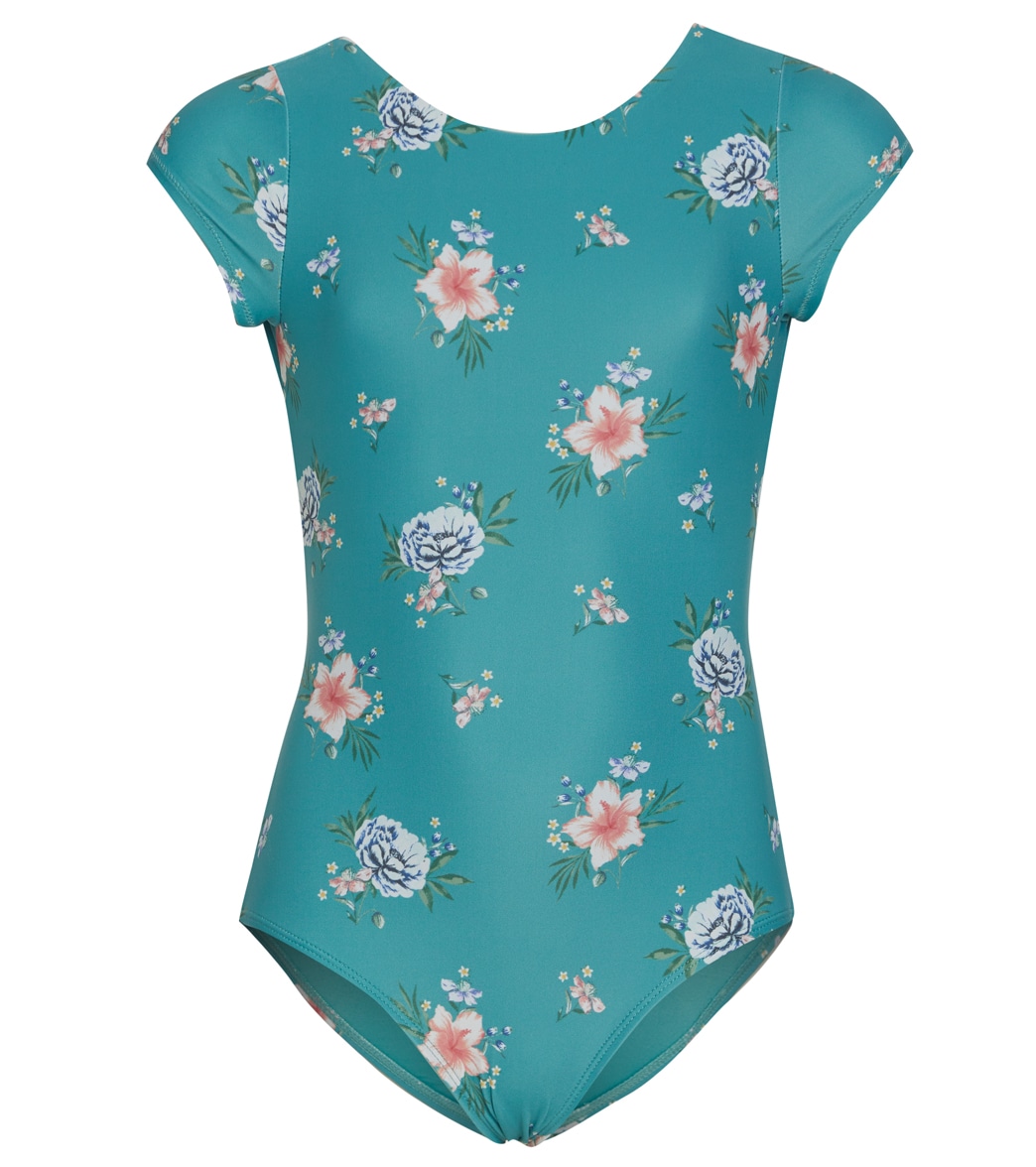 O'neill Girls' Chan Floral Short Sleeve Tie Back One Piece Swimsuit - Teal 6 - Swimoutlet.com