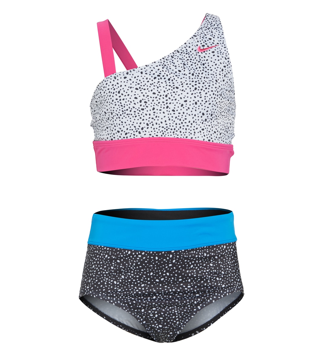 Nike Girls' Water Dots Asymmetrical Top & High Waist Bikini Set Big Kid - Black Large - Swimoutlet.com