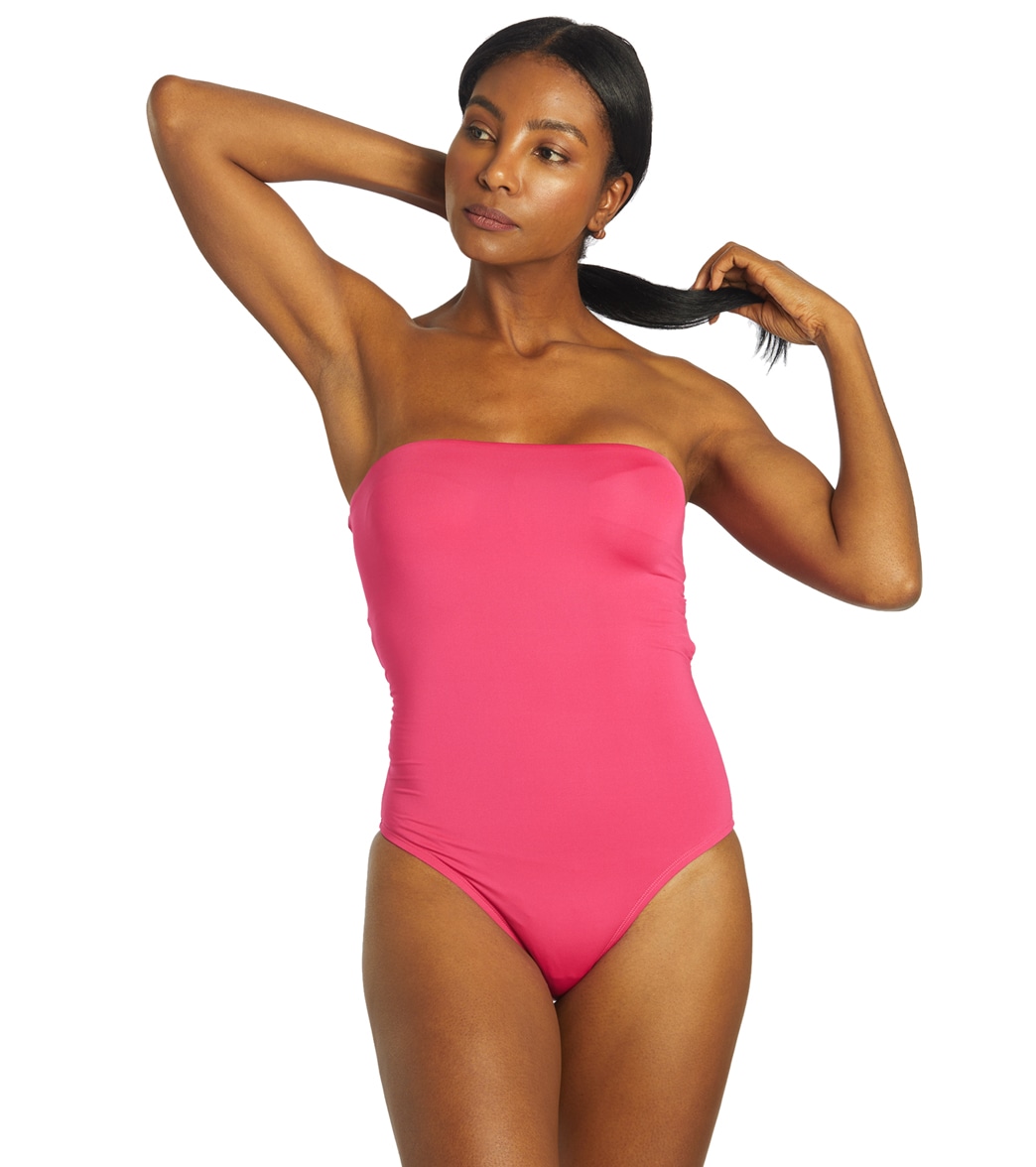 Nike Women's Solid Lace-Up Back Bandeau One Piece Swimsuit - Pink Prime Large - Swimoutlet.com