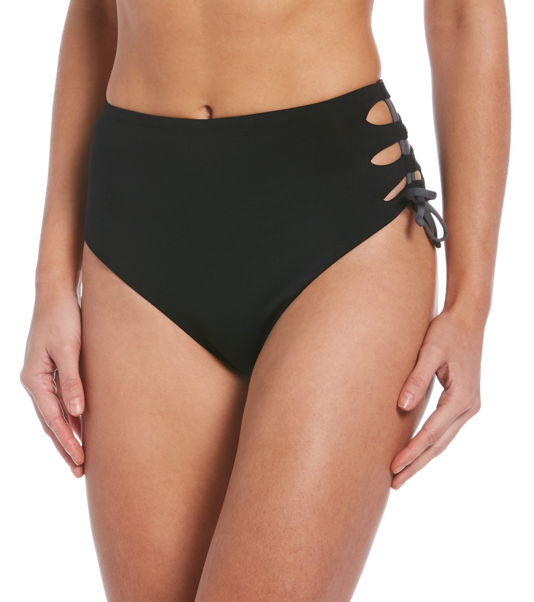Nike Women's Solid Lace-Up High Waist Cheeky Bottom - Black Large - Swimoutlet.com