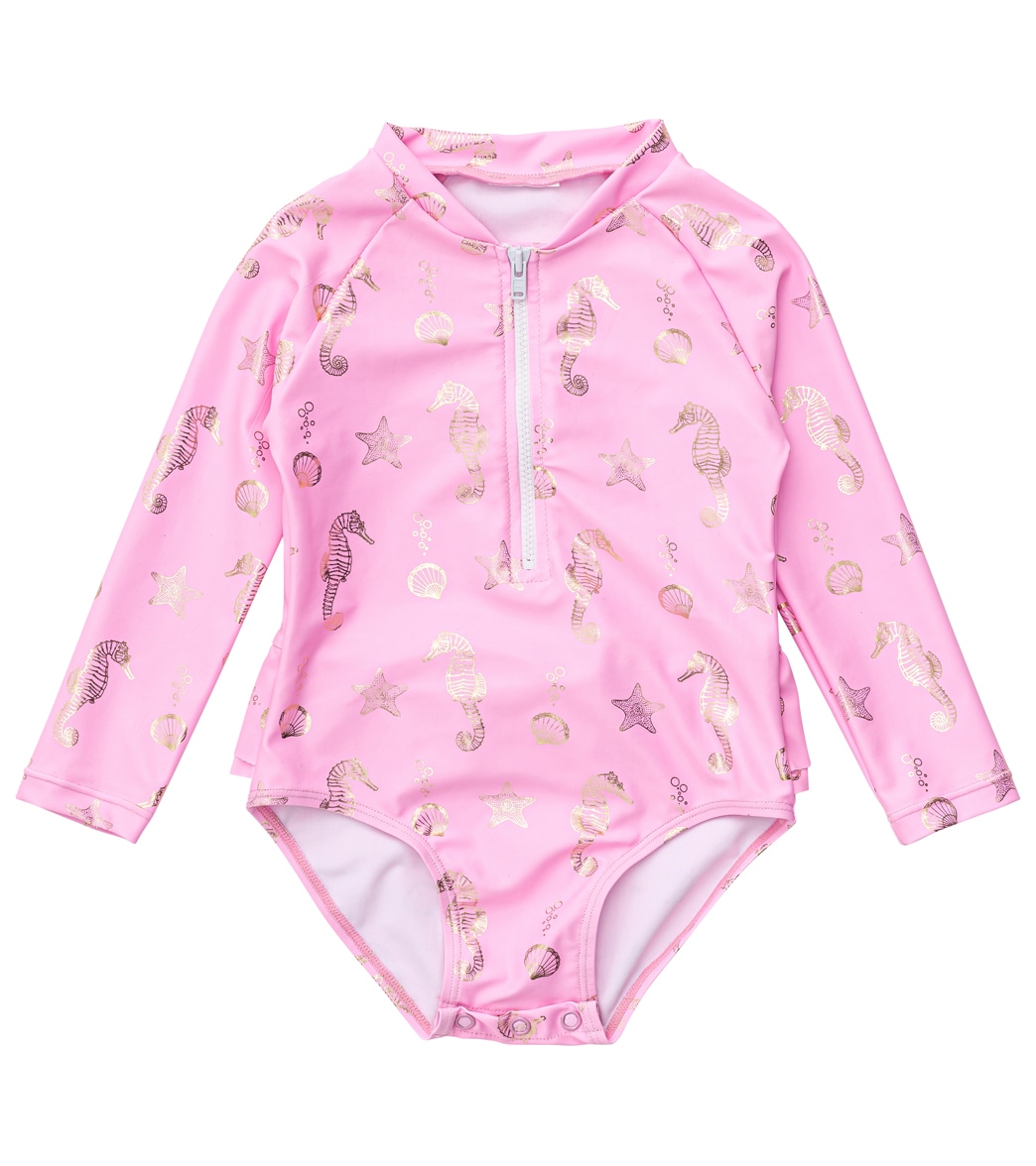 Snapper Rock Girls' Seahorse Sparkle Long Sleeve Shirt Surf Suit Baby Toddler - Pink 3 Elastane/Polyamide - Swimoutlet.com