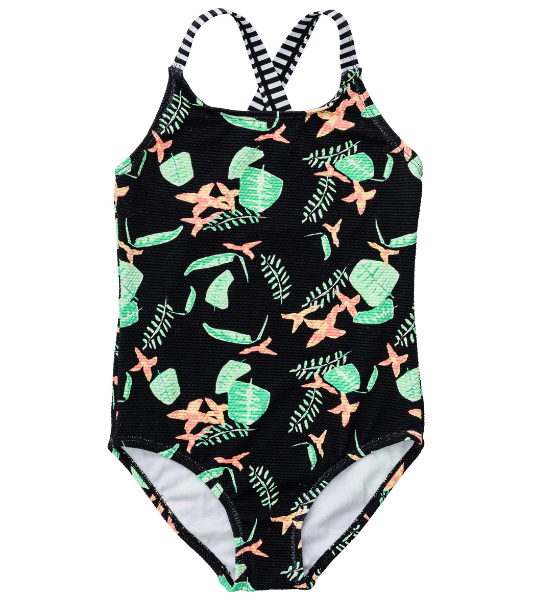 Snapper Rock Girls' Neon Rainforest Sustainable X Back Swimsuit - Black 10 Elastane/Polyamide - Swimoutlet.com