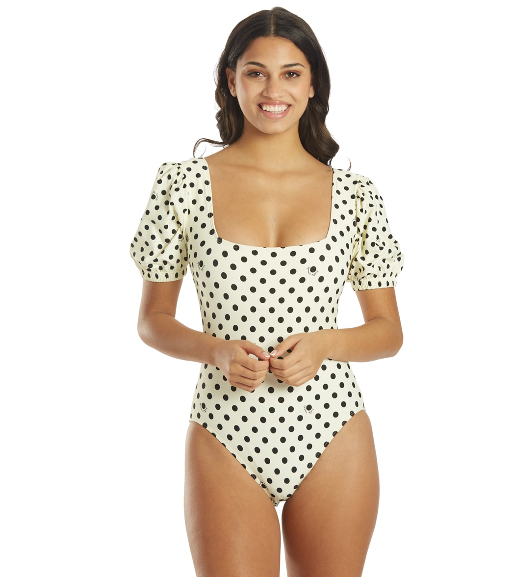 Kate Spade New York Women's Logo Dot Puff Sleeve One Piece Swimsuit - Ivory Large - Swimoutlet.com