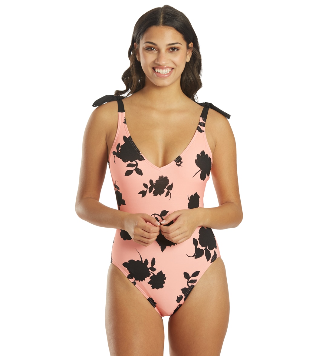 Kate Spade New York Women's Bicolor Floral Shoulder Bow Tie V Neck One Piece Swimsuit - Shell Pink Large - Swimoutlet.com