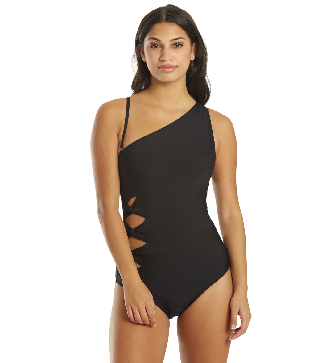 Carmen Marc Valvo Women's Twisted Tides One Shoulder Piece Swimsuit - Black 10 - Swimoutlet.com
