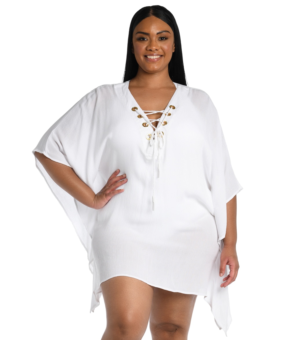 La Blanca Women's Plus Size Capri Lace Up Caftan - White 2X - Swimoutlet.com
