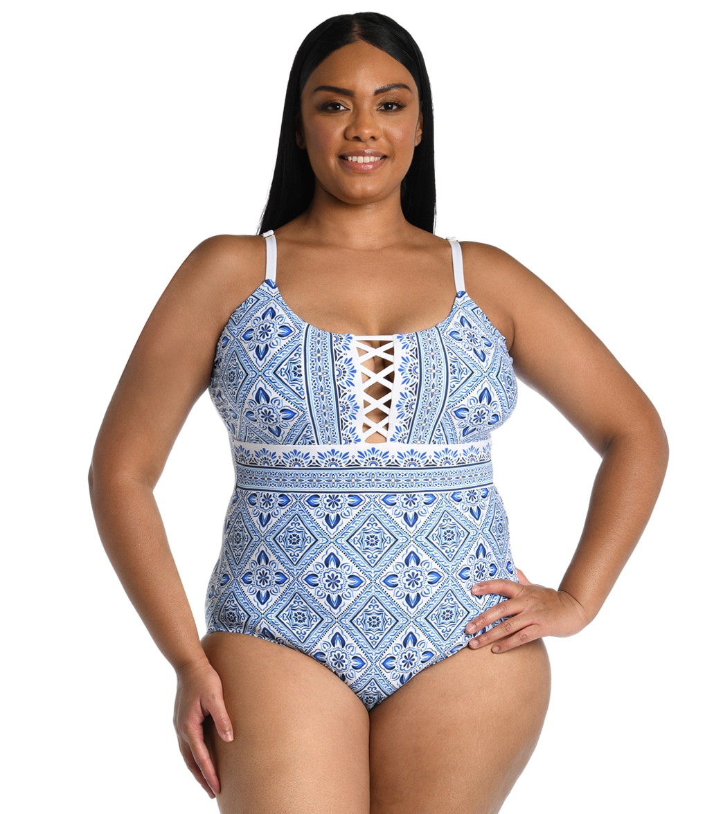 La Blanca Women's Plus Size Mediterranean Breeze Strappy Mio One Piece Swimsuit - Capri Blue 20W - Swimoutlet.com