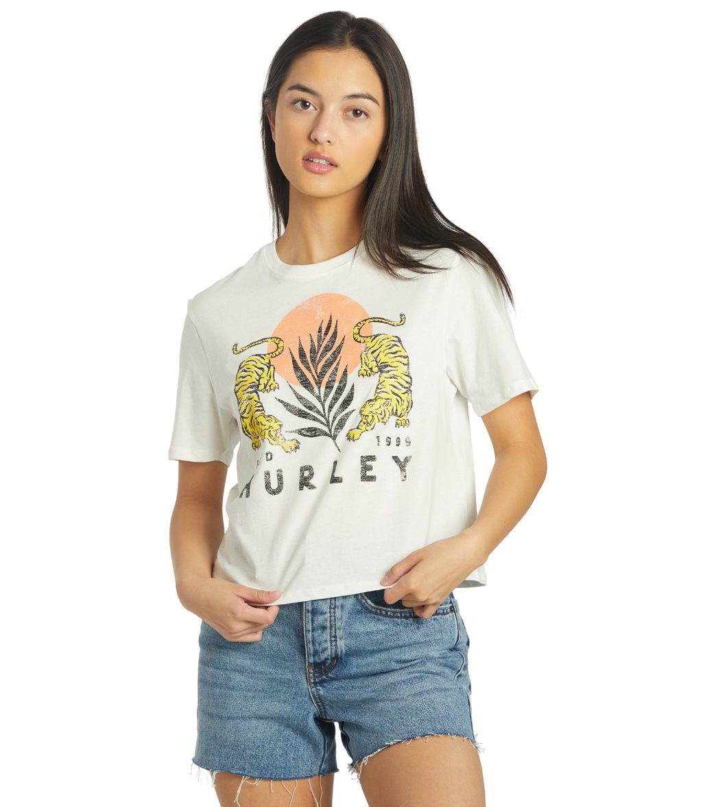 Hurley Women's Le Tigre Cropped Crew Tee Shirt - Marshmallow Large - Swimoutlet.com