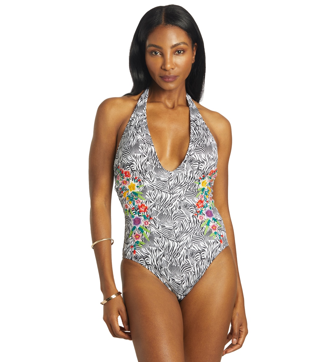 Johnny Was Women's Spring Halter Embroidered One Piece Swimsuit - Multi Small - Swimoutlet.com