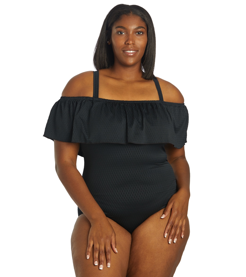 Fit4U Women's Plus Size Solid Texture Off Shoulder Tank One Piece Swmsuit - Black 16W - Swimoutlet.com