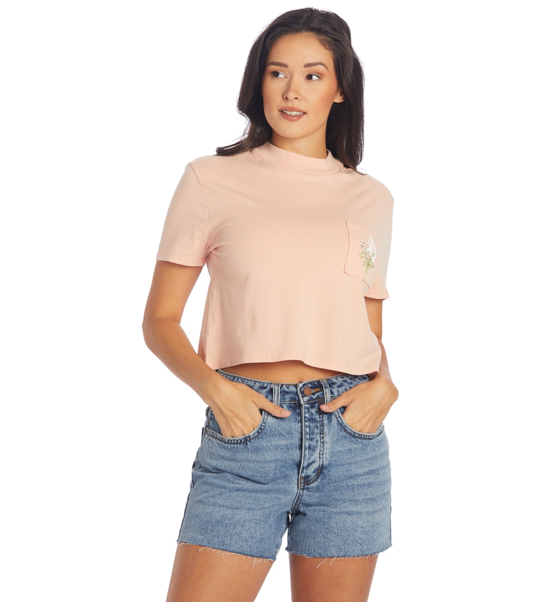 Volcom Women's Pocket Dial Tee Shirt - Hazey Pink Large Cotton - Swimoutlet.com