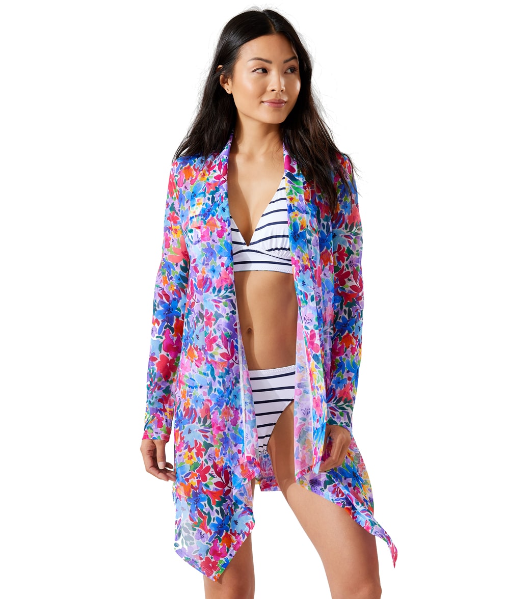 Tommy Bahama Women's Watercolor Floral Beach Breeze Mesh Long Sleeve Cardigan - White Small - Swimoutlet.com