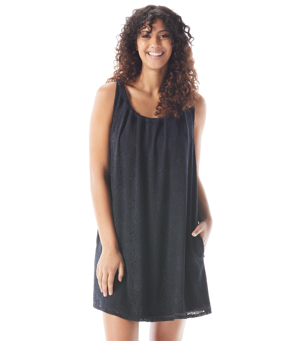 Beach House Crochet Soleil Colette Lace Drawcord Tank Dress - Black Large - Swimoutlet.com