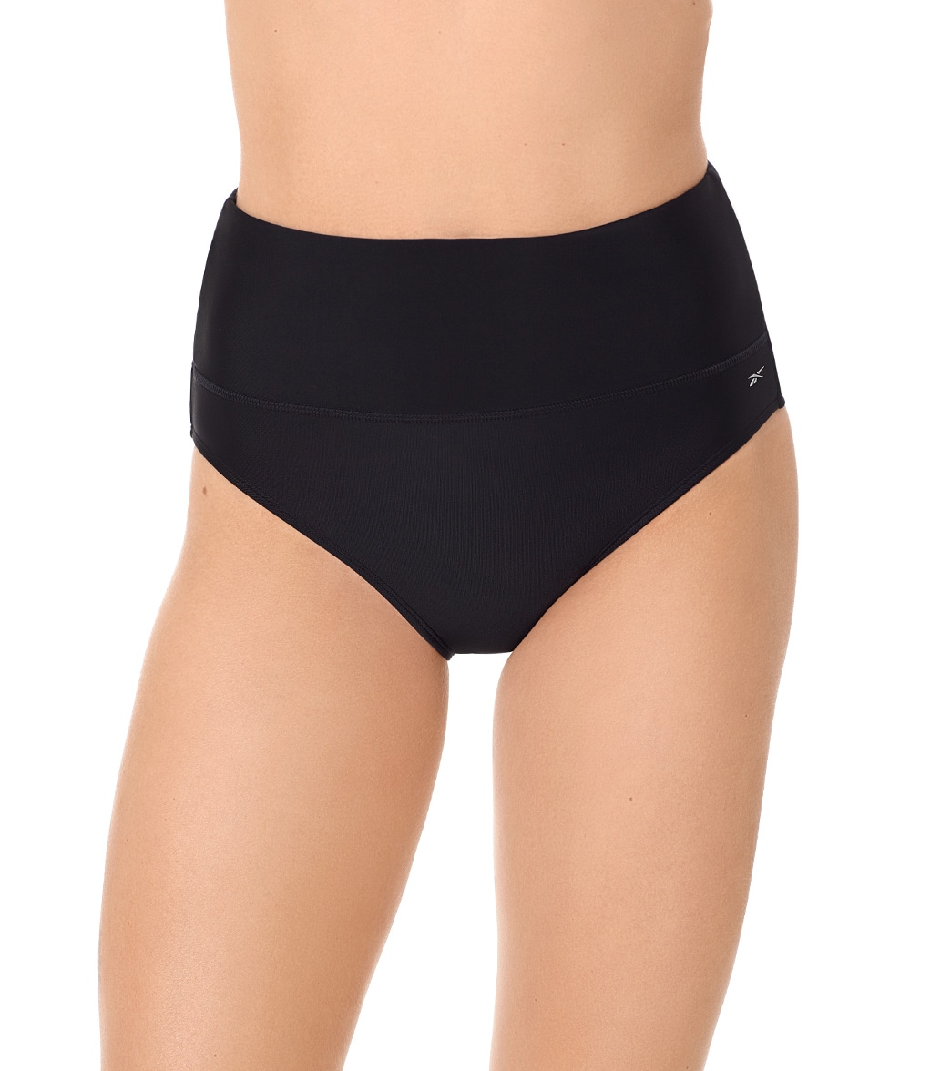 Reebok Women's Solid High Waist Bikini Bottom - Black Large - Swimoutlet.com