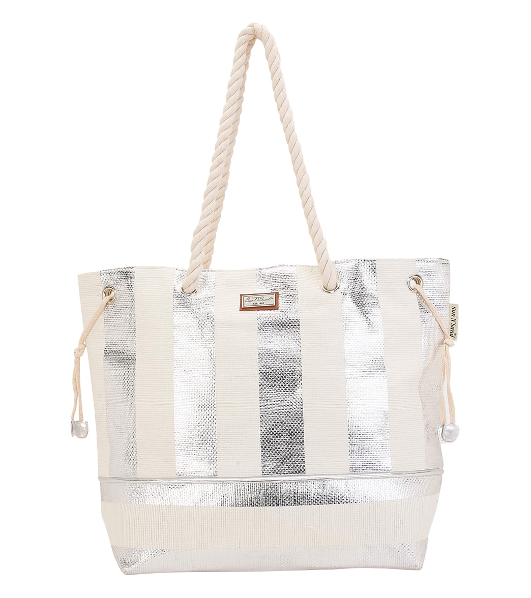 Sun N Sand Silver Metallic Striped Shoulder Tote - / Natural One Size - Swimoutlet.com