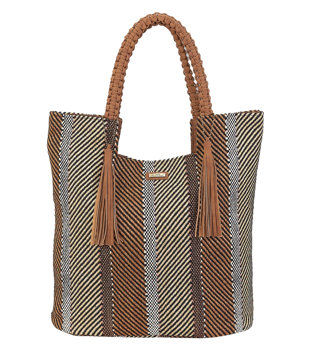 Sun N Sand Striped Shoulder Tote W/ Faux Leather Tassels - Brown One Size - Swimoutlet.com