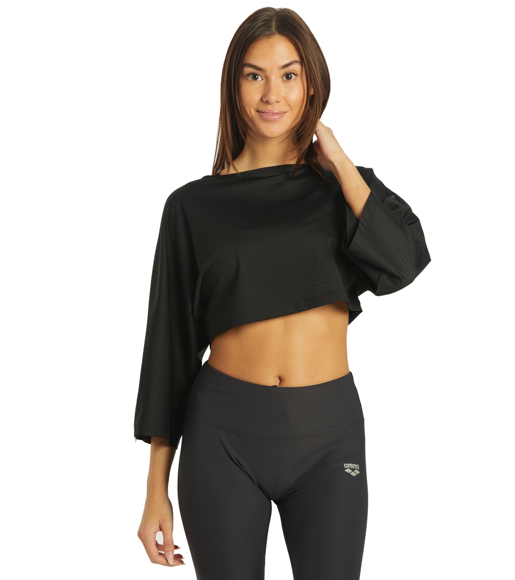 Arena Women's 3/4 Sleeve Crop Tee Shirt - Black No Logo Medium - Swimoutlet.com