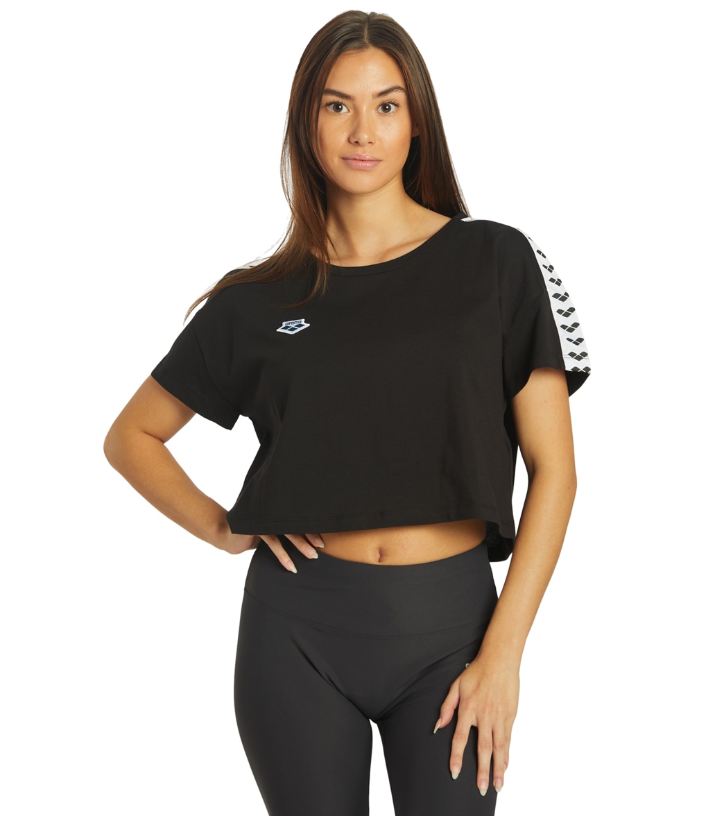 Arena Women's Icons Corinne Team Crop Tee Shirt - Black/White/Black Large - Swimoutlet.com