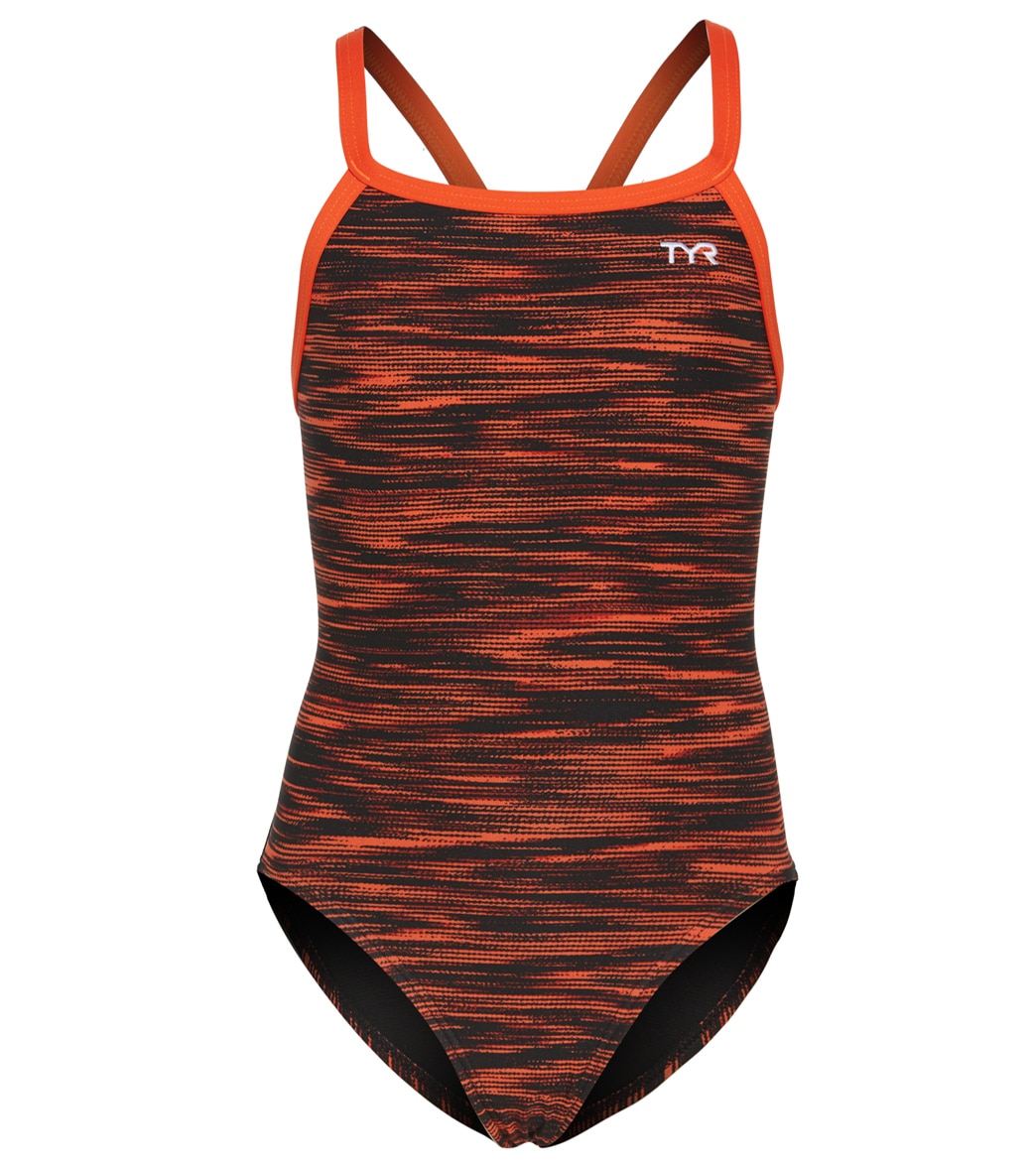 TYR Girls' Fizzy Diamondfit One Piece Swimsuit - Black/Orange 22 - Swimoutlet.com