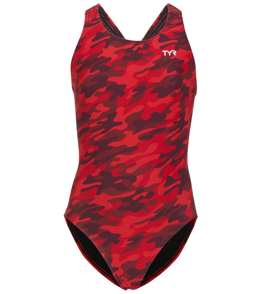 TYR Girls' Camo Maxfit One Piece Swimsuit - Red 24 - Swimoutlet.com
