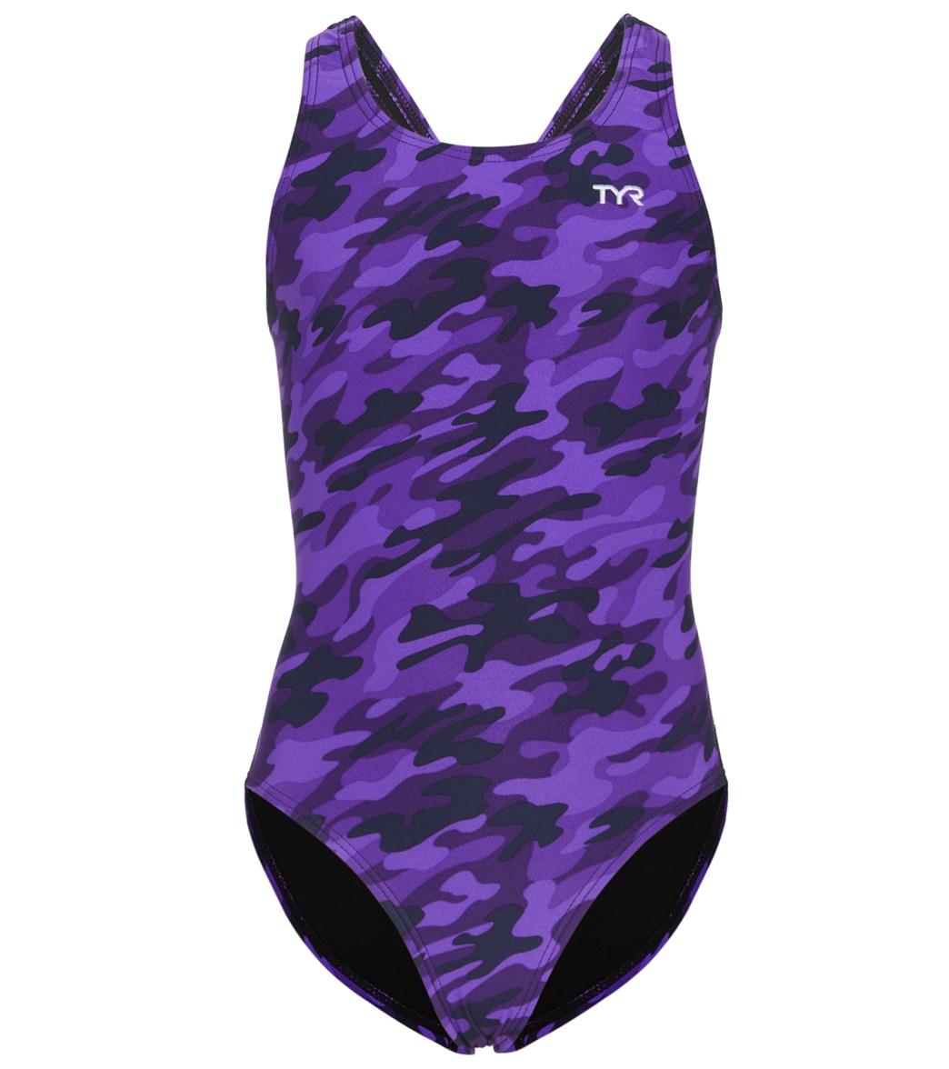 TYR Girls' Camo Maxfit One Piece Swimsuit - Purple 24 - Swimoutlet.com
