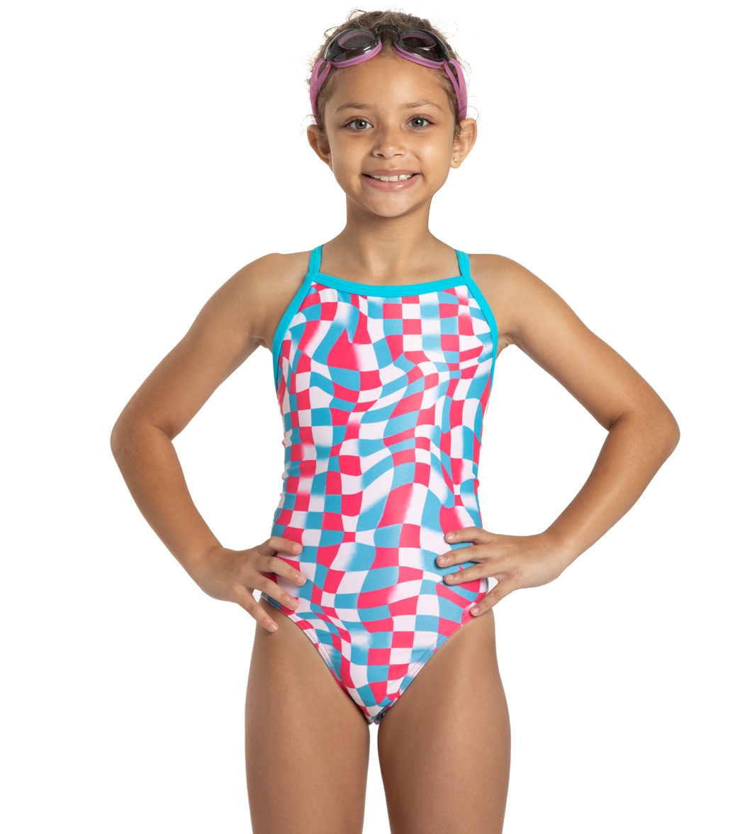 Sporti X Gretchen Walsh Liquified Checks Thin Strap One Piece Swimsuit Youth 22-28 - Pink/Blue 22Y Polyester - Swimoutlet.com