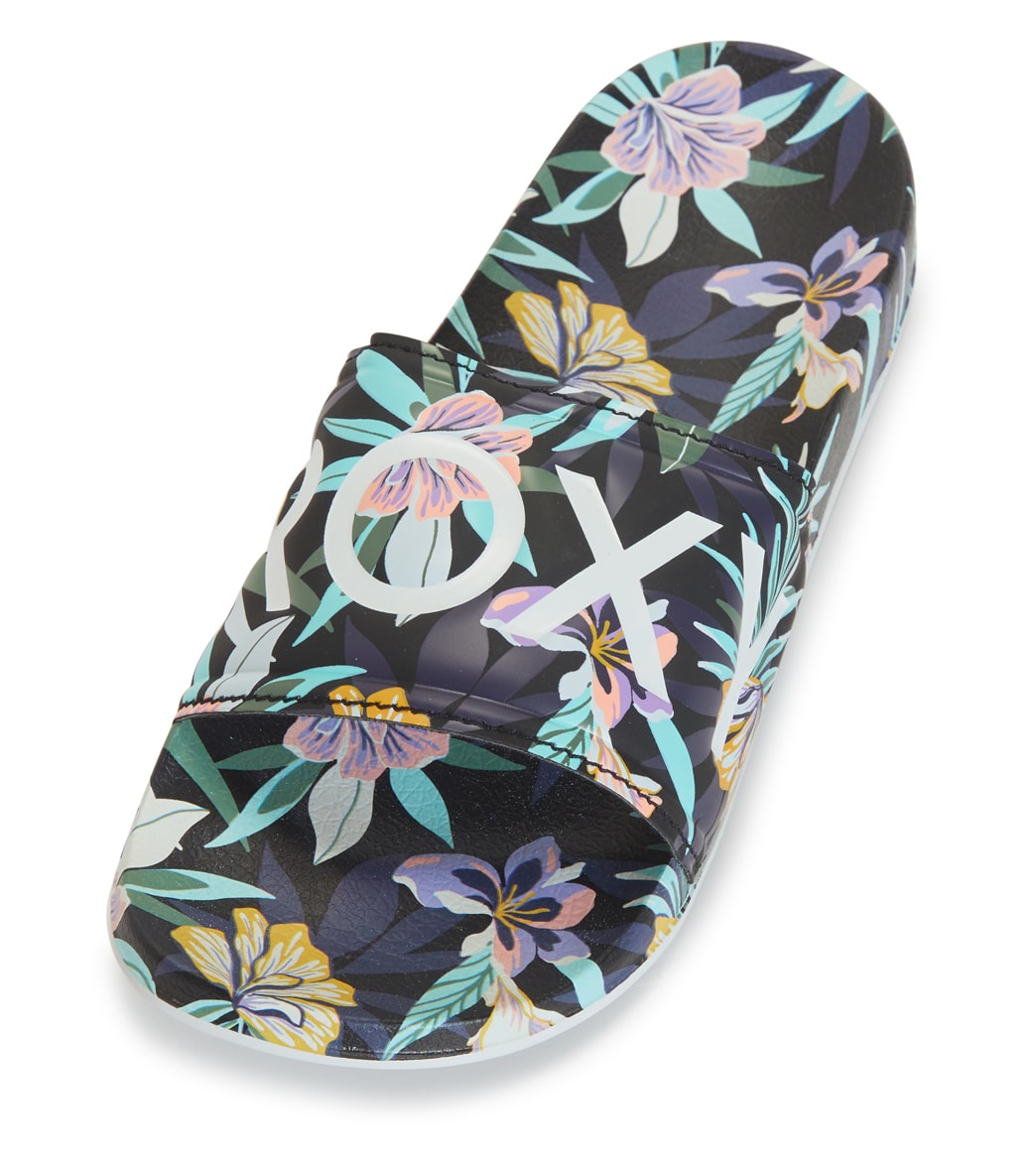 Roxy Women's Slippery Printed Slides Sandals - Black/Deep Purple 10 100% Rubber - Swimoutlet.com