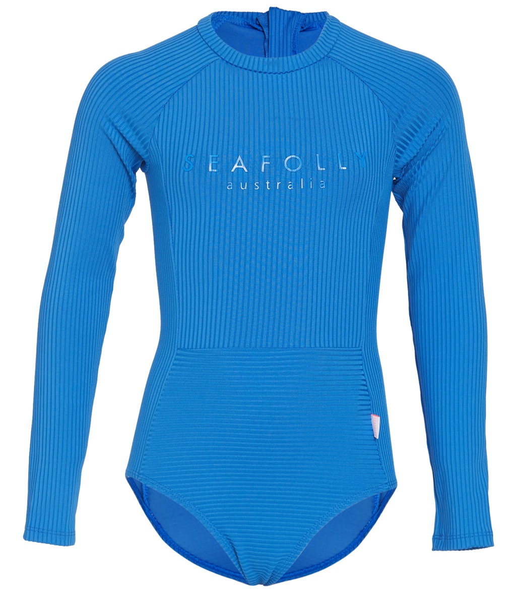 Seafolly Girls' Summer Essentials Long Sleeve One Piece Swimsuit Big Kid - Royal 10 - Swimoutlet.com
