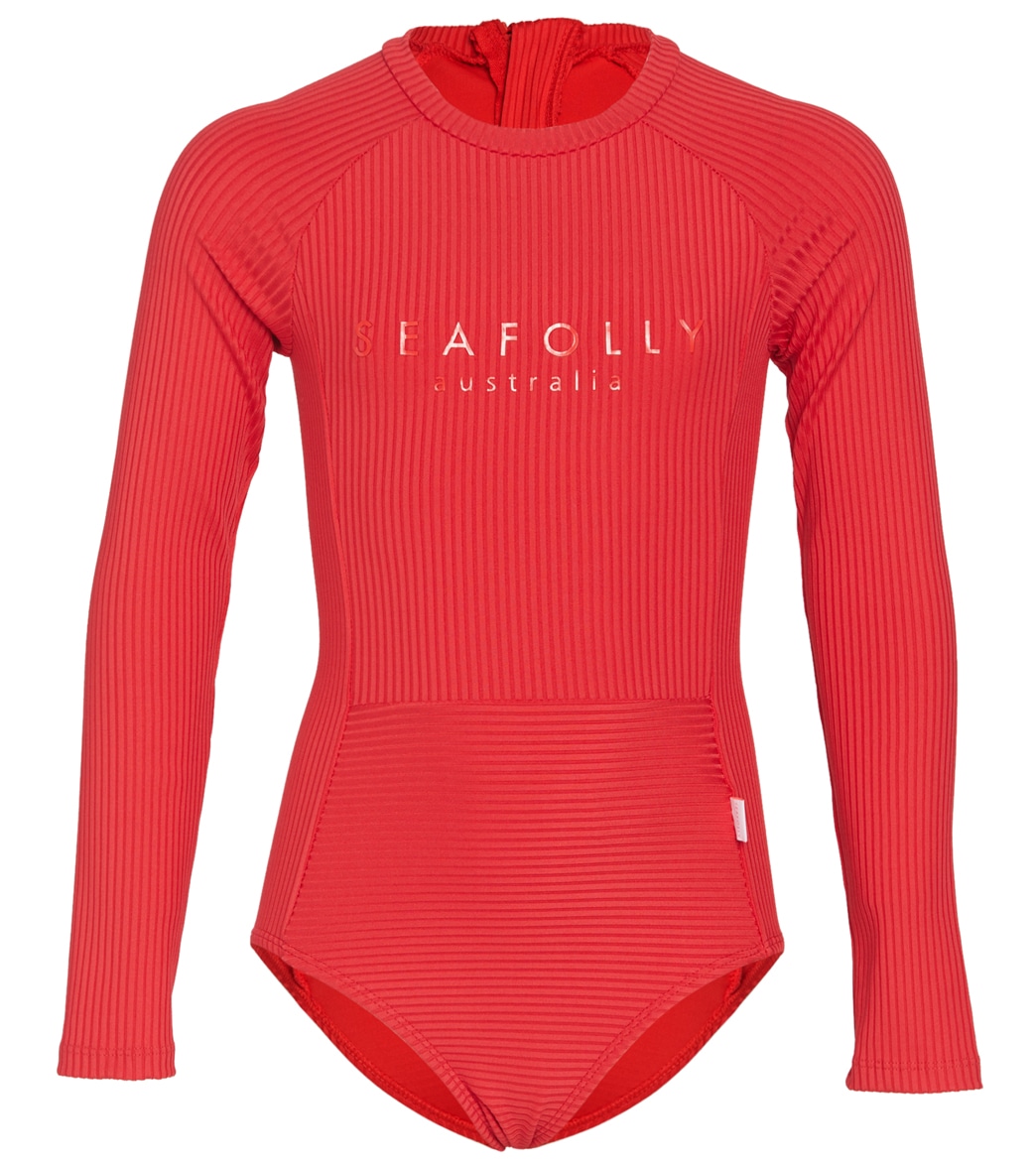 Seafolly Girls' Summer Essentials Long Sleeve One Piece Swimsuit Big Kid - Chilli Red 10 - Swimoutlet.com