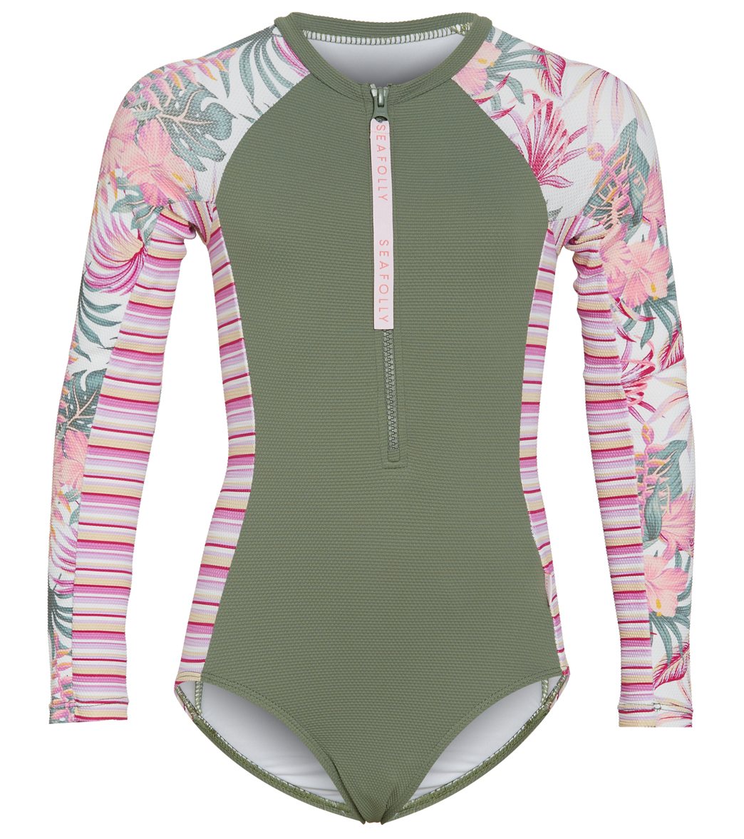 Seafolly Girls' Island In The Sun Long Sleeve One Piece Swimsuit Big Kid - 10 - Swimoutlet.com