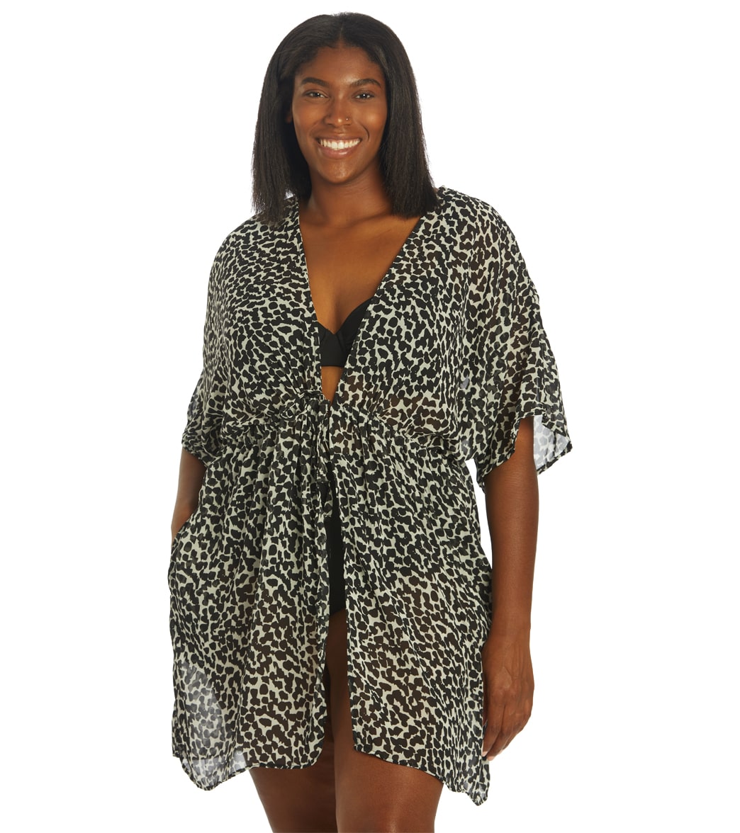J.valdi Women's Plus Size Pebble Kimono - Black/White 2X Polyester - Swimoutlet.com