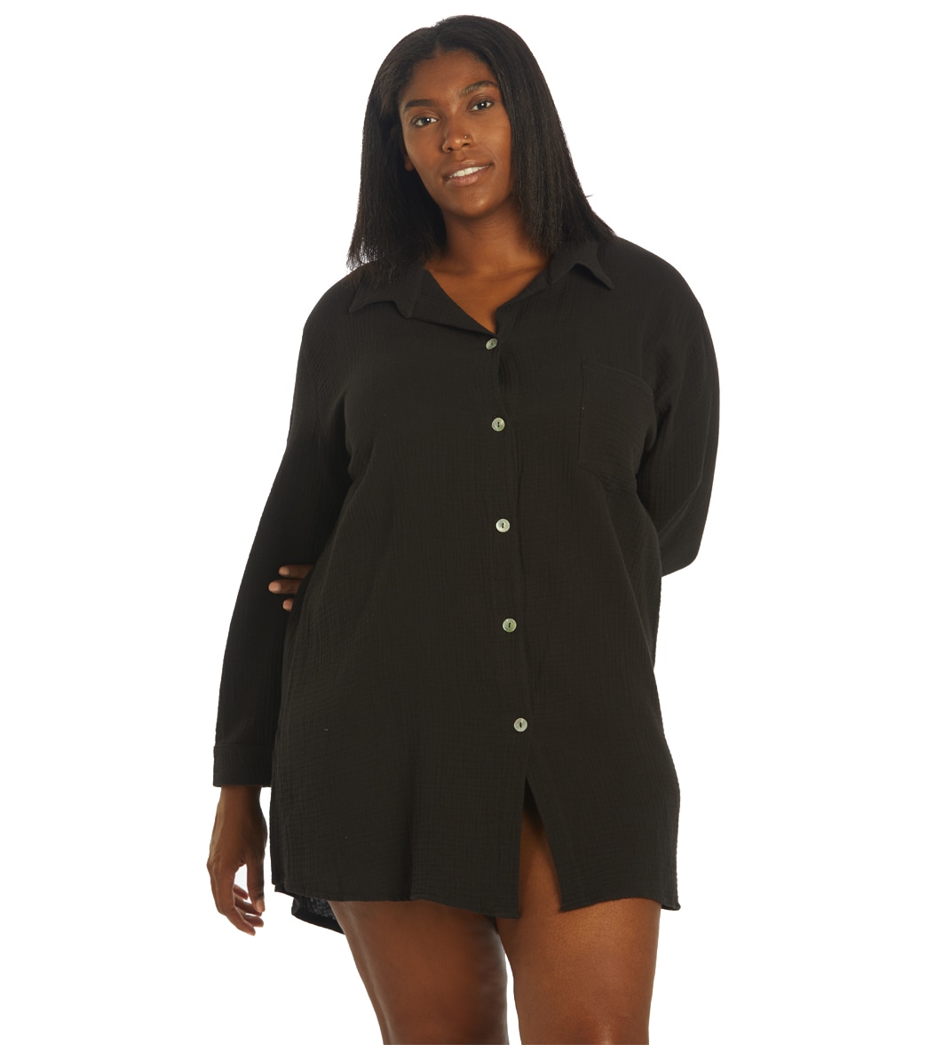 J.valdi Women's Plus Size Cozumel Big Shirt Cover Up - Black 1X Cotton - Swimoutlet.com