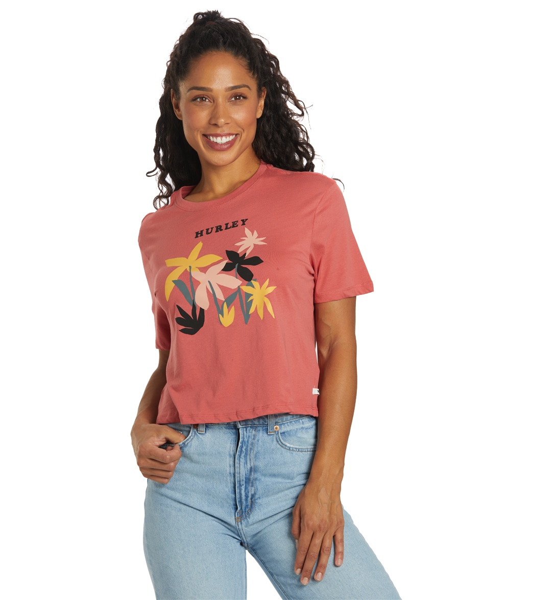 Hurley Women's Bloom Cropped Crew Tee Shirt - Mineral Red Large Cotton - Swimoutlet.com