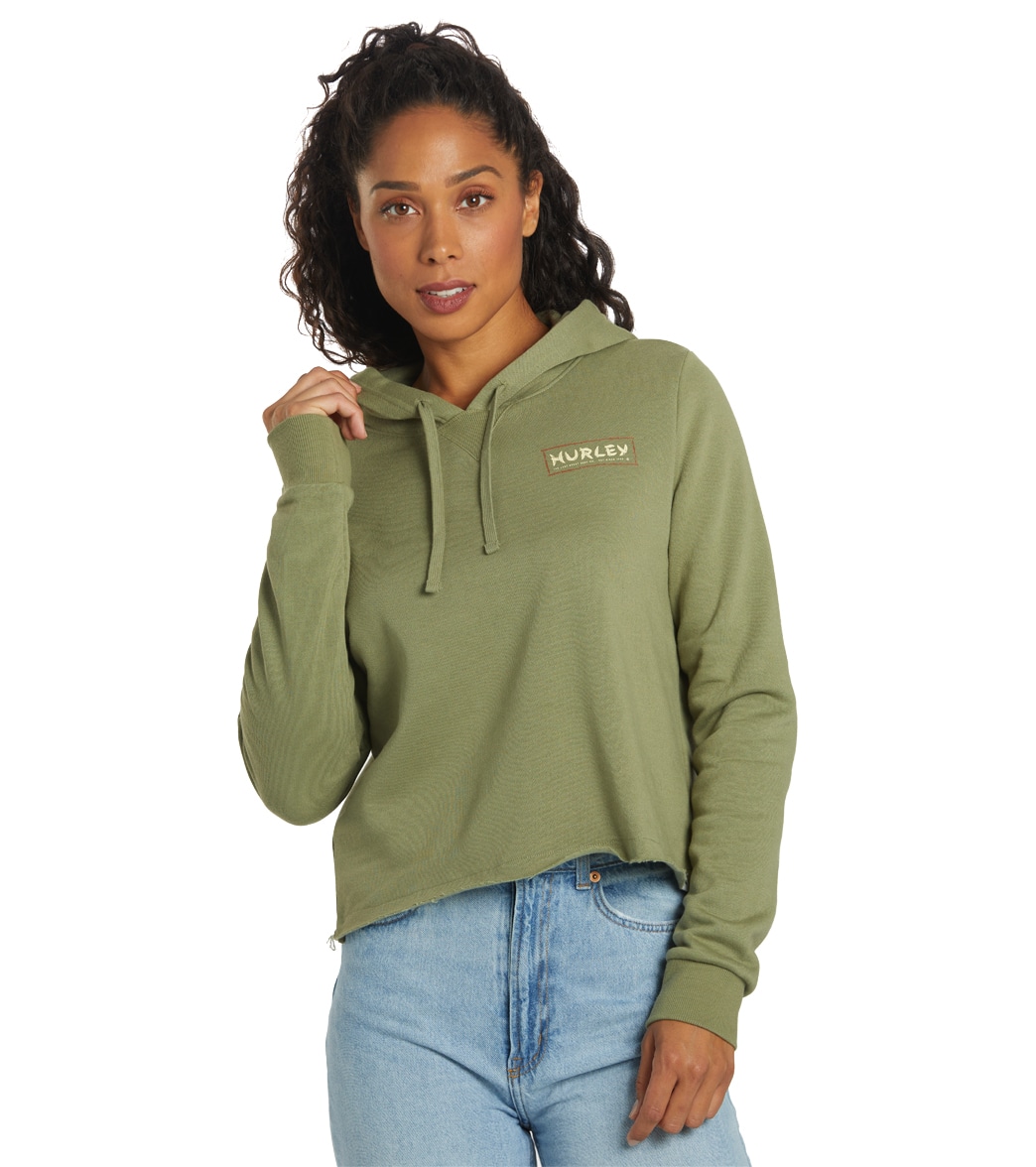 Hurley Women's Death In Paradise Cut Off Pullover Hoodie - Oil Green Large Cotton/Polyester - Swimoutlet.com