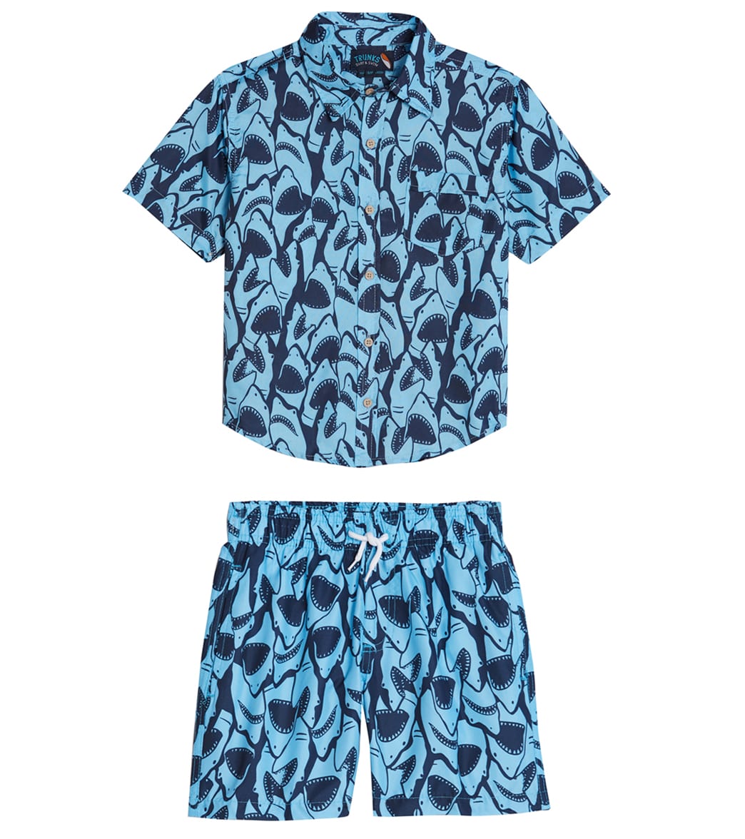 Trunks Surf & Swim Co. Boys' Shark Camp Shirt & Swim Trunks Set Big Kid - Marine Large Polyester - Swimoutlet.com