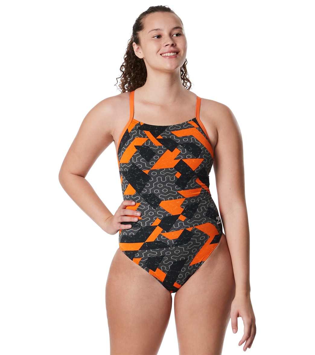 Speedo Women's Ruse Blocks Flyback One Piece Swimsuit - Orange 26 - Swimoutlet.com