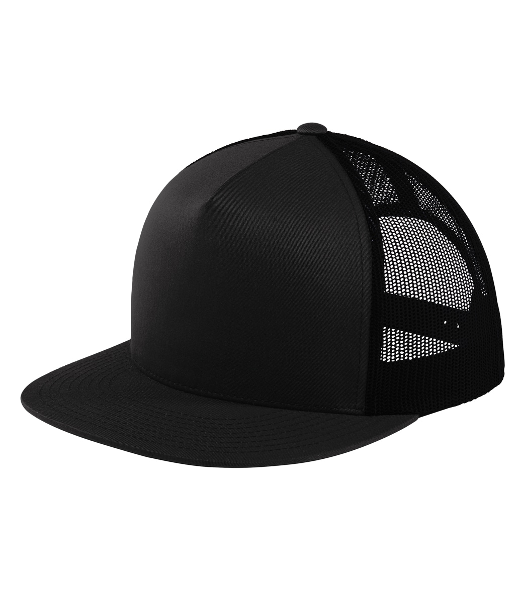 Flat Bill Trucker Hat - Black/Black One Size Polyester - Swimoutlet.com