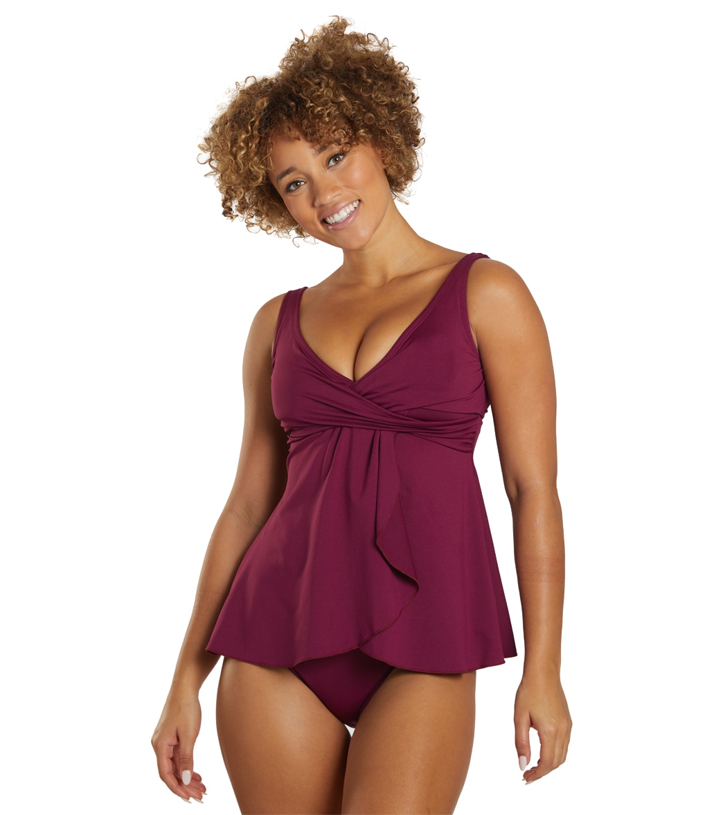 Dolfin Women's Solid Swing Front Tankini Top - Cabernet Large - Swimoutlet.com