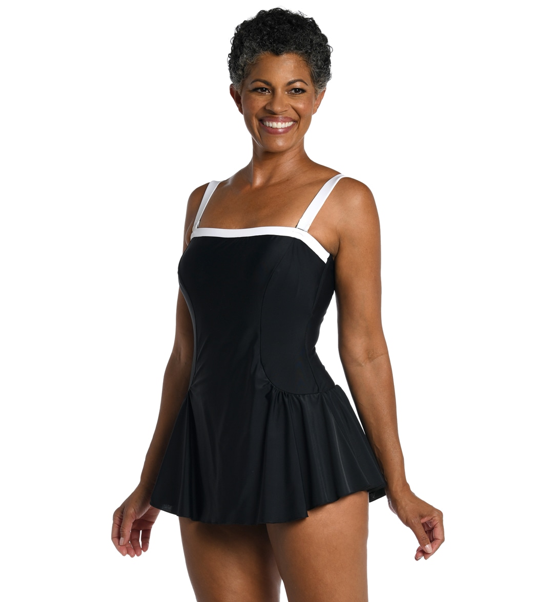 Maxine Women's Solid Bandeau Princess Seam Swim Dress - Black 18 - Swimoutlet.com