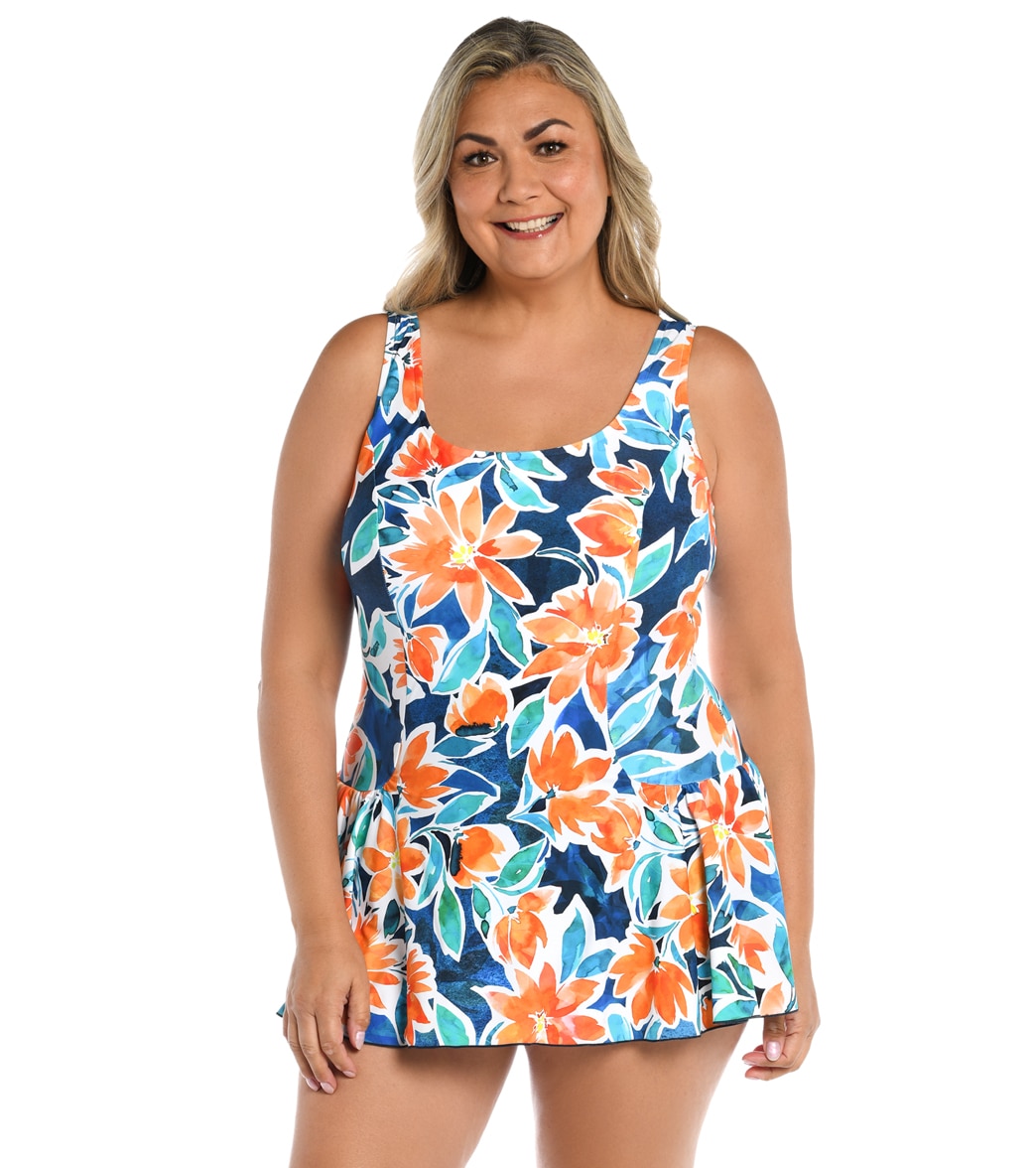 Maxine Women's Plus Size Joyful Blooms Princess Seam Swim Dress - Multi 24W - Swimoutlet.com