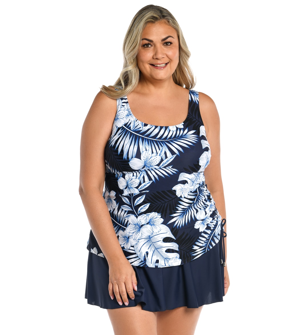 Maxine Women's Plus Size Moonlight Tropics Tank Swim Dress - Indigo 18W - Swimoutlet.com