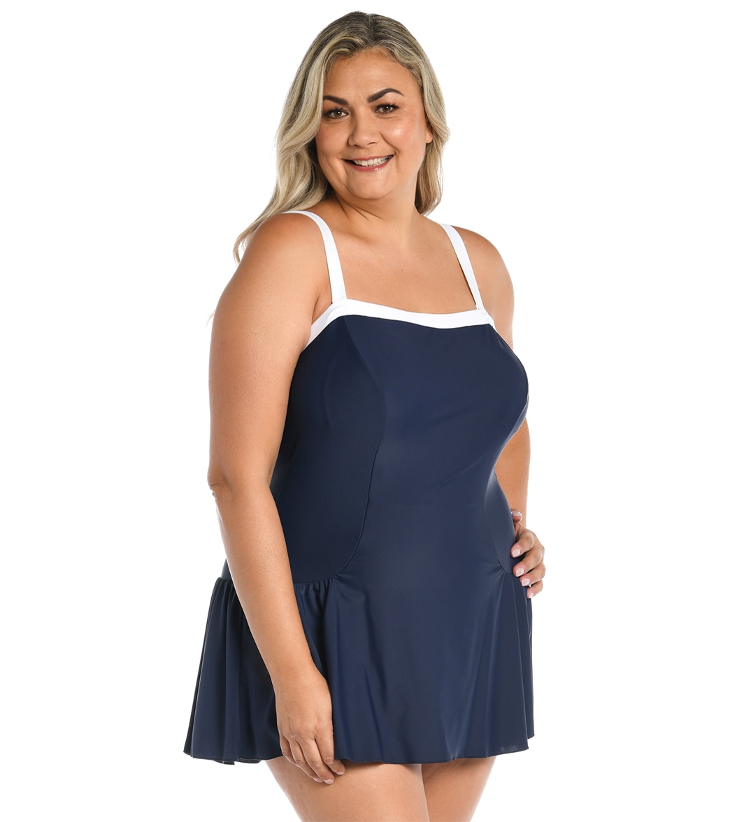 Maxine Women's Plus Size Solid Bandeau Princess Seam Swim Dress - Indigo 16W - Swimoutlet.com