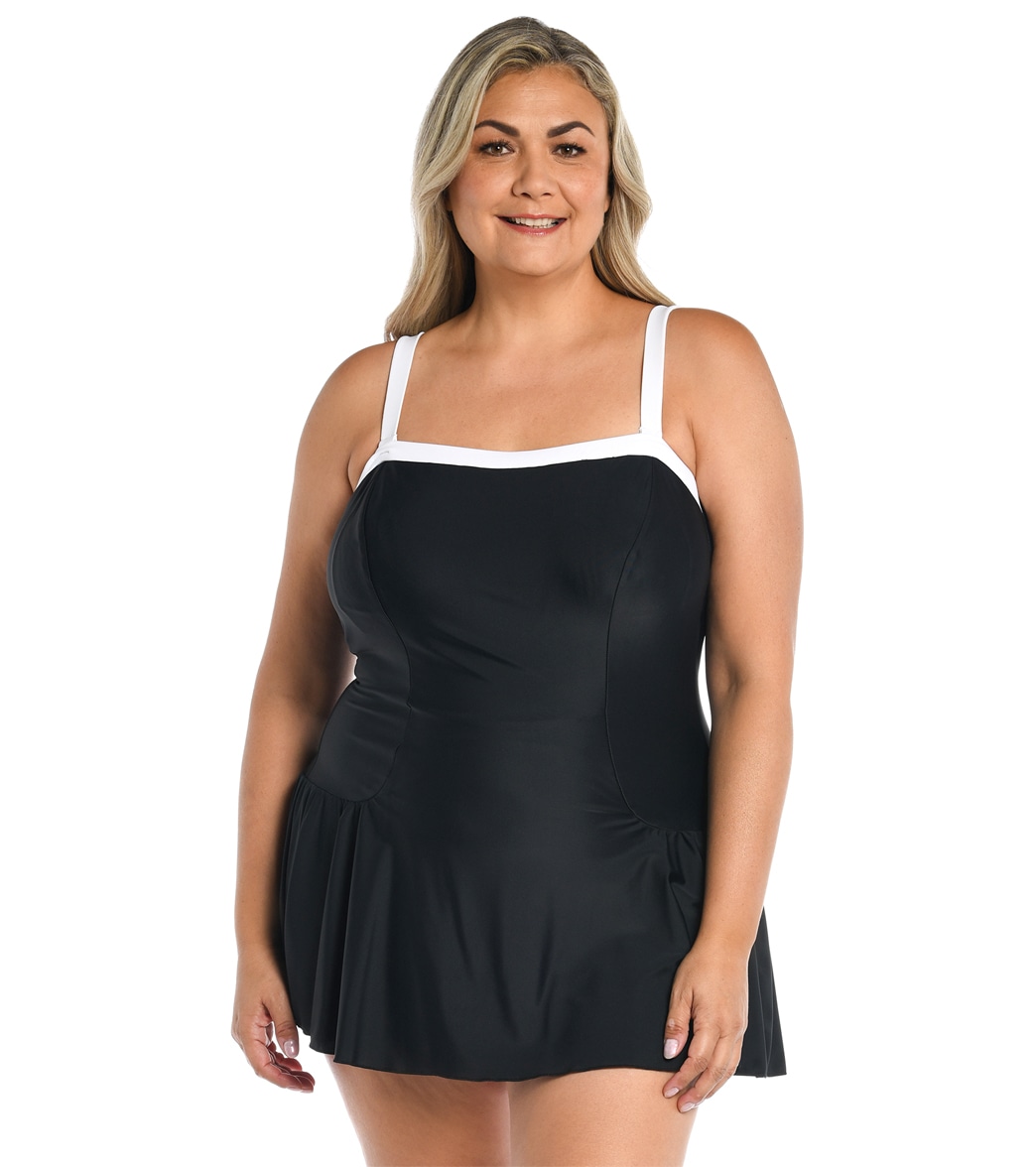 Maxine Women's Plus Size Solid Bandeau Princess Seam Swim Dress - Black 16W - Swimoutlet.com