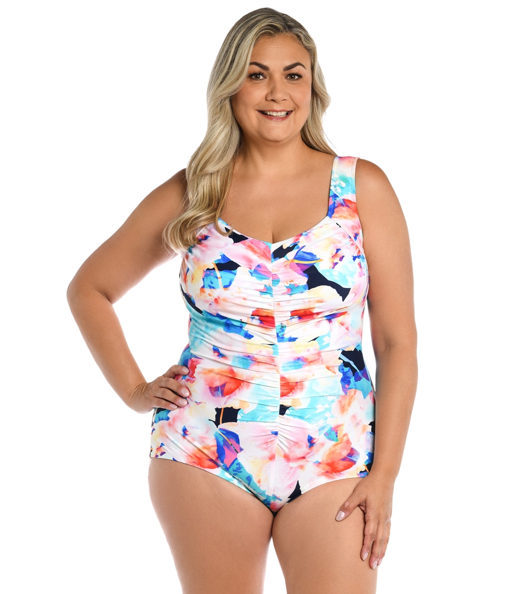 Maxine Women's Plus Size Illusions Blossom Shirred Front Girl Leg One Piece Swimsuit - Multi 18W - Swimoutlet.com