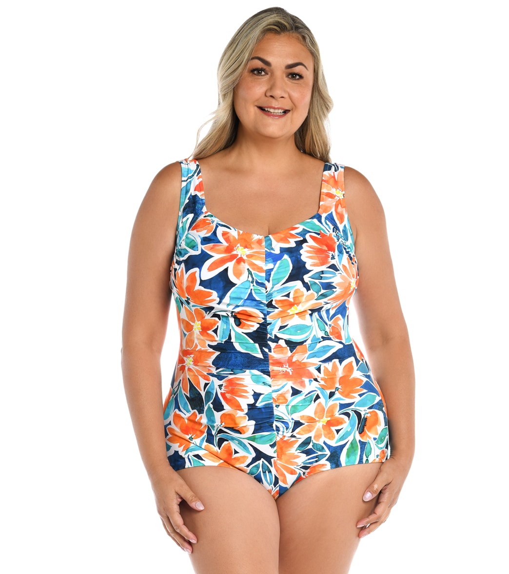 Maxine Women's Plus Size Joyful Blooms Shirred Front Girl Leg One Piece Swimsuit - Multi 16W - Swimoutlet.com