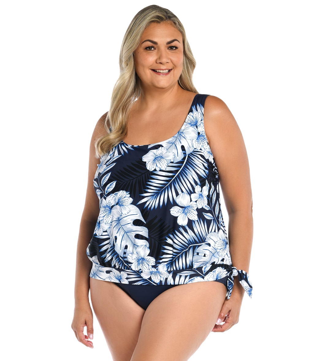 Maxine Women's Plus Size Moonlight Tropics Banded Scoop Blouson Tankini Top - Indigo 18W - Swimoutlet.com